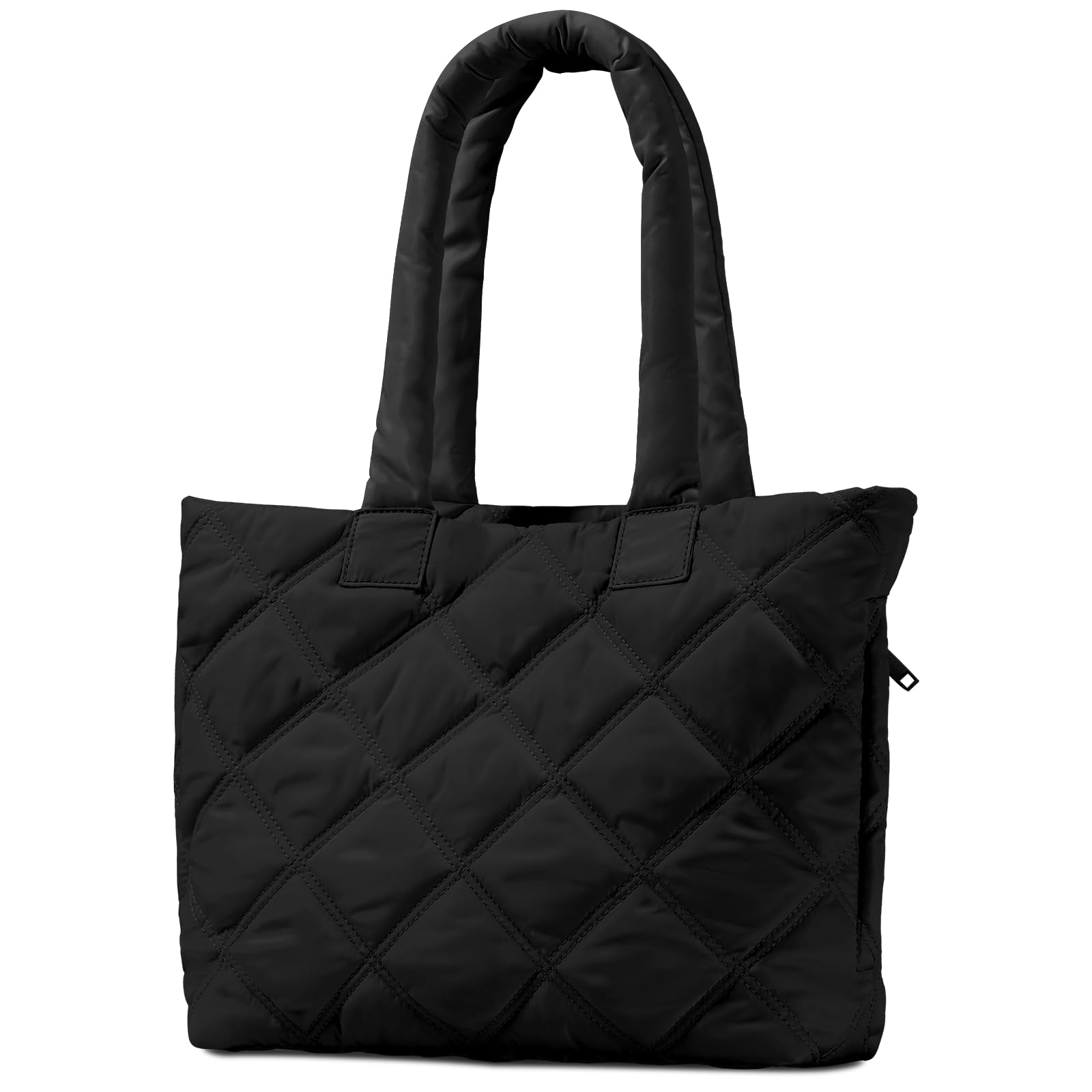 Black quilted tote bag on a white background